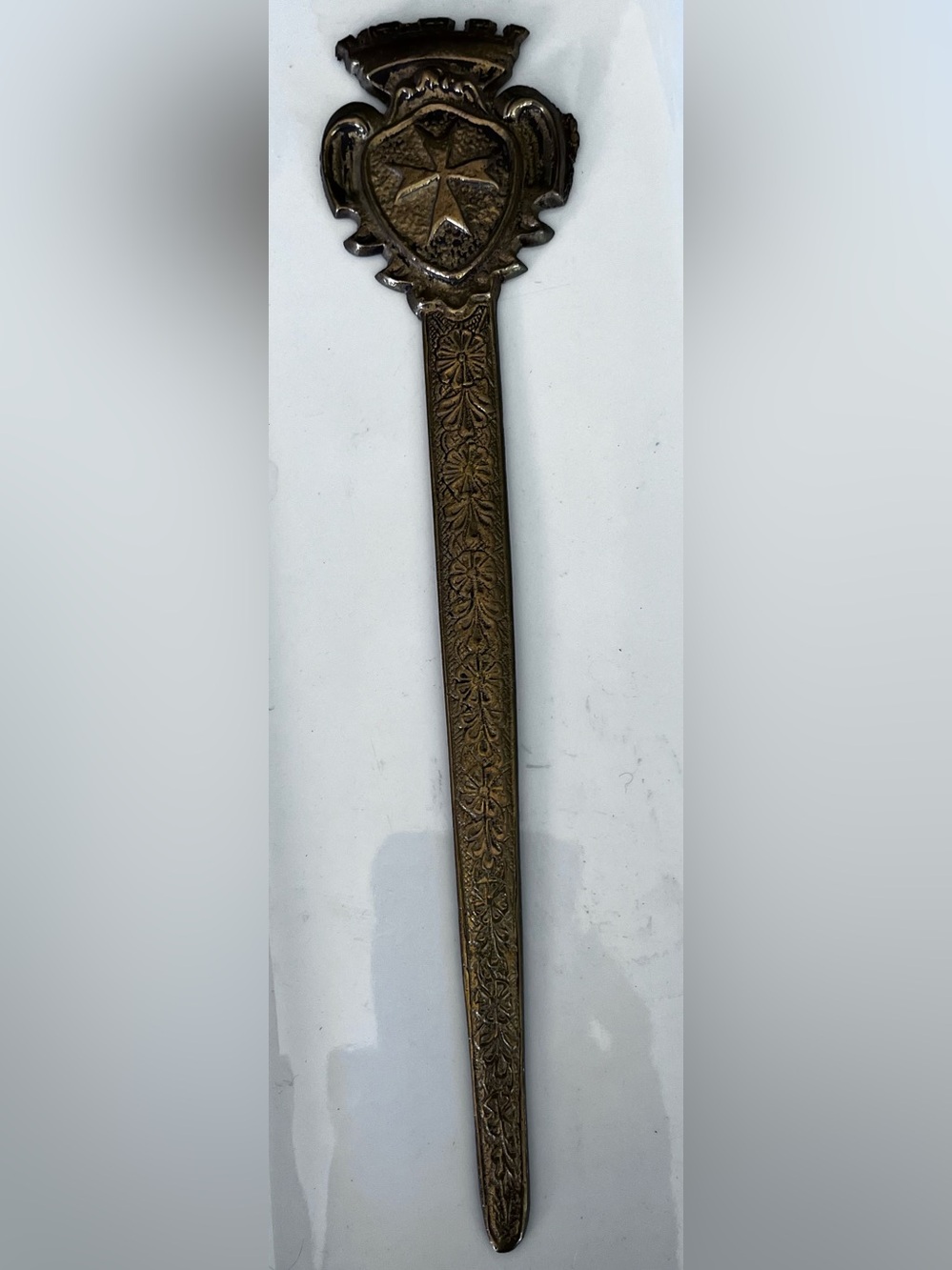 Vintage Brass Letter Opener Floral with Cross Design